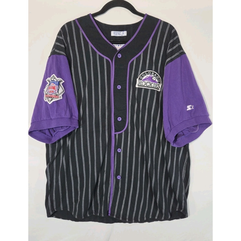 Starter Baseball Jersey Mens XL Black Purple Excellent Pinstripe Rockies MLB
